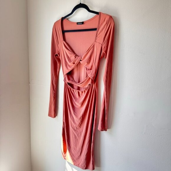 Boohoo Rose Pink Cut-Out Bodycon Dress | Long Sleeve | Size US 8 - Picture 4 of 5